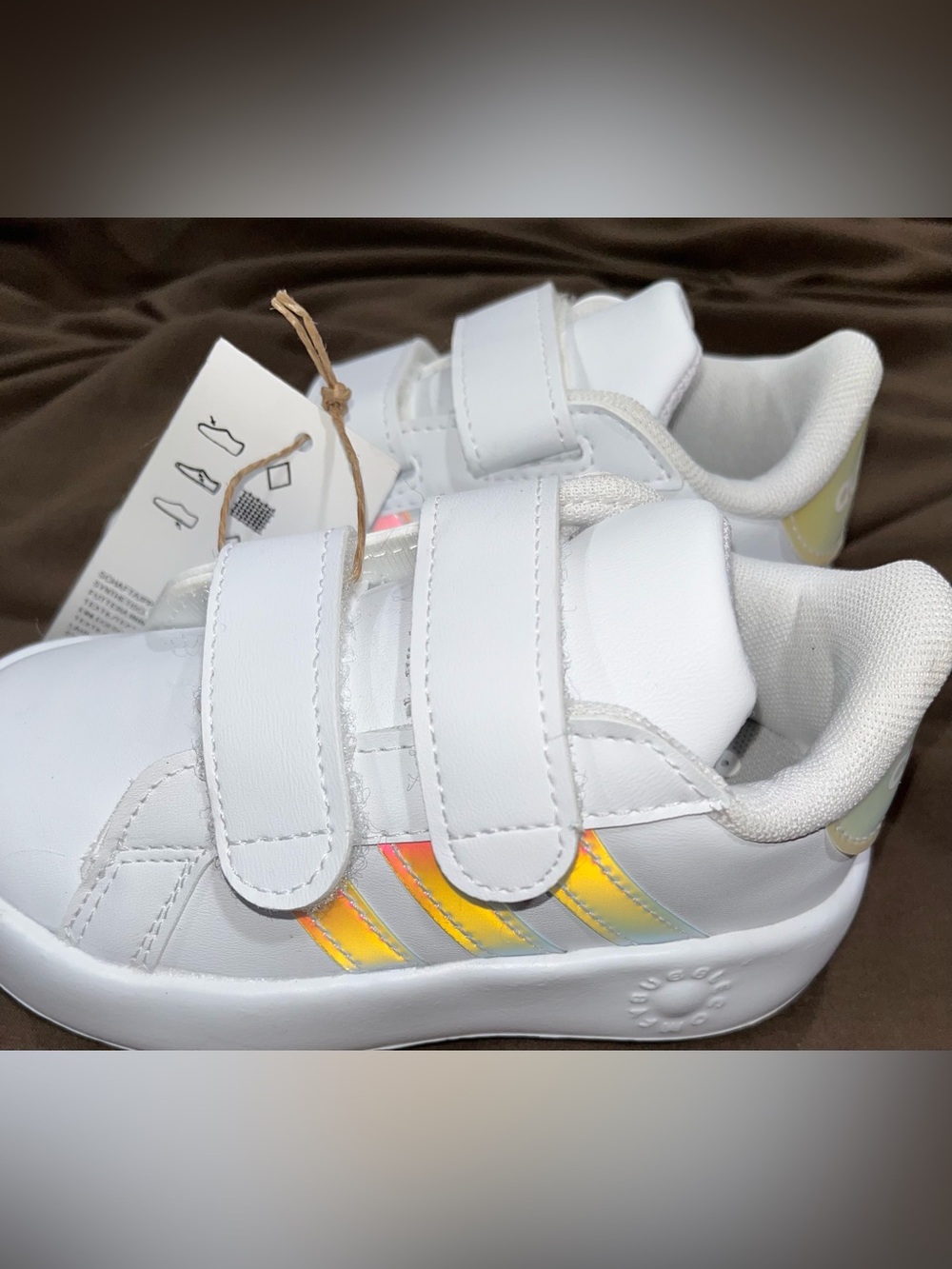 Adidas Kids White Sneakers with Iridescent Stripes - Classic Velcro Closure